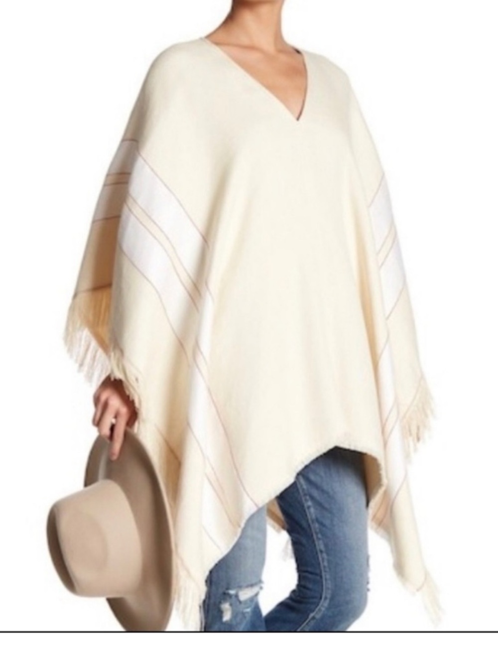 Theory Cream V-Neck Fringe Poncho Subtle Stripe Coat Jacket Cape Cover Boho Chic
